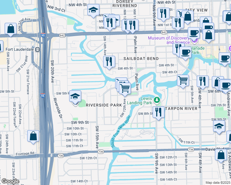 map of restaurants, bars, coffee shops, grocery stores, and more near 545 Southwest 13th Avenue in Fort Lauderdale