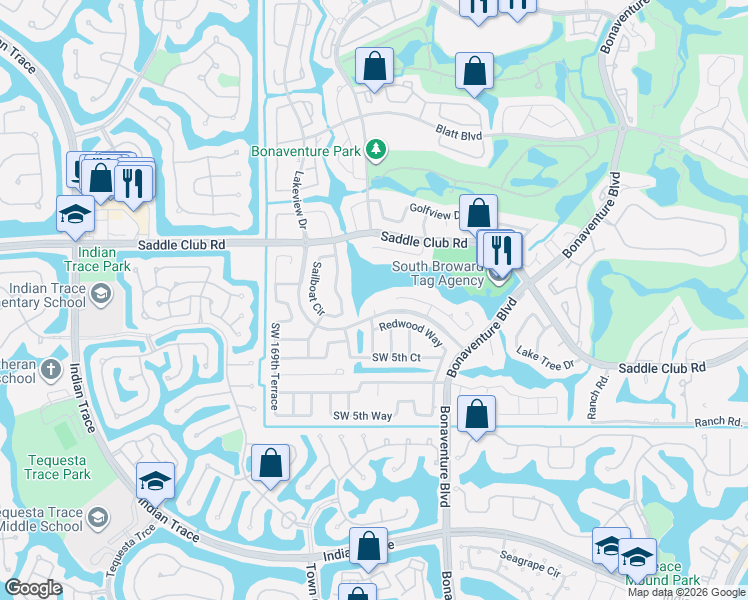 map of restaurants, bars, coffee shops, grocery stores, and more near 16790 Lakeview Court in Weston