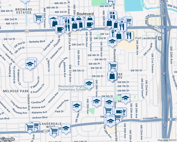 map of restaurants, bars, coffee shops, grocery stores, and more near 2846 Southwest 5th Street in Fort Lauderdale