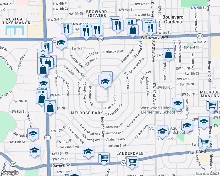 map of restaurants, bars, coffee shops, grocery stores, and more near 540 East Campus Circle in Fort Lauderdale