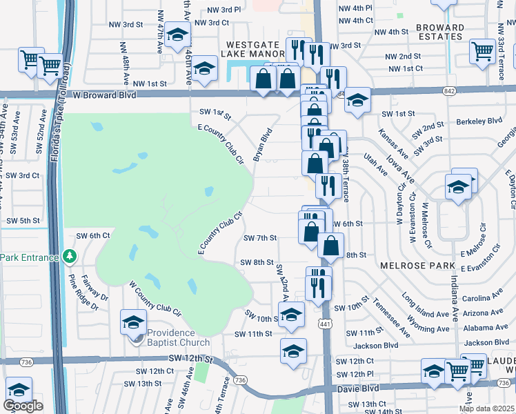 map of restaurants, bars, coffee shops, grocery stores, and more near 206 East Country Club Circle in Plantation