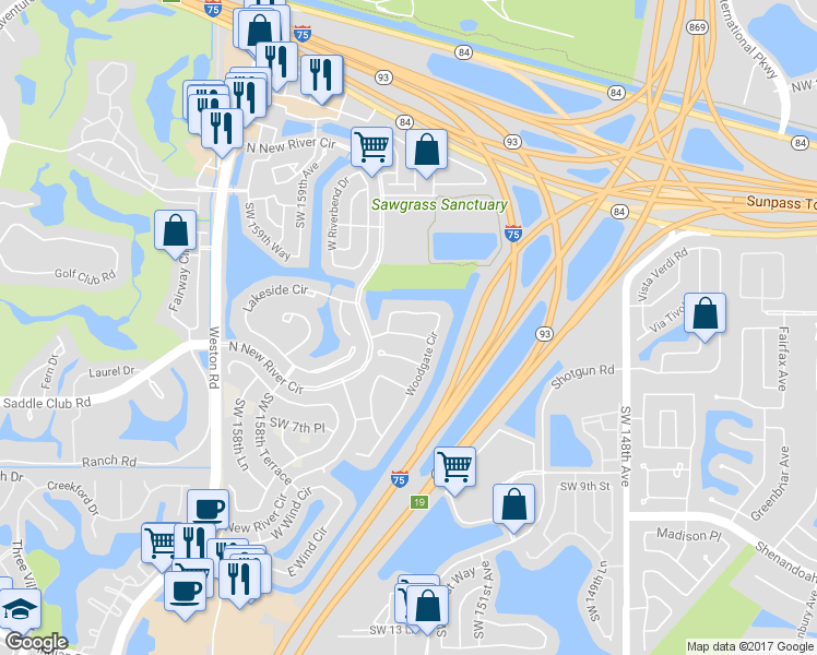 map of restaurants, bars, coffee shops, grocery stores, and more near 523 Woodgate Circle in Sunrise