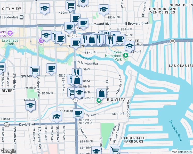 map of restaurants, bars, coffee shops, grocery stores, and more near 906 Southeast 6th Street in Fort Lauderdale