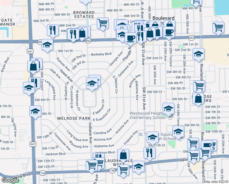map of restaurants, bars, coffee shops, grocery stores, and more near 501 East Dayton Circle in Fort Lauderdale