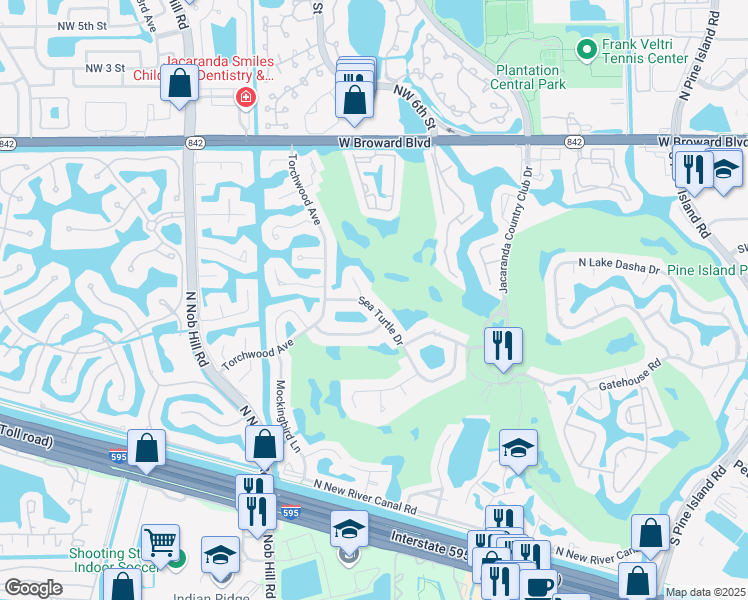 map of restaurants, bars, coffee shops, grocery stores, and more near 9621 Sea Turtle Drive in Plantation