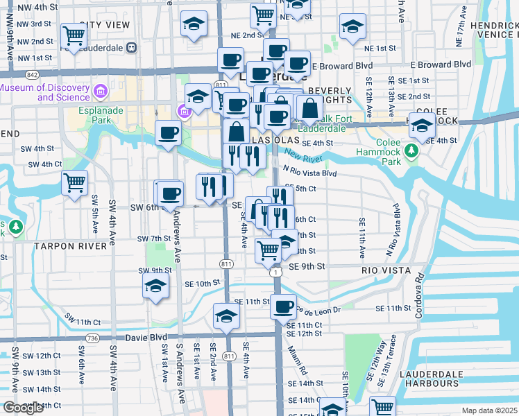 map of restaurants, bars, coffee shops, grocery stores, and more near 520 Southeast 6th Street in Fort Lauderdale