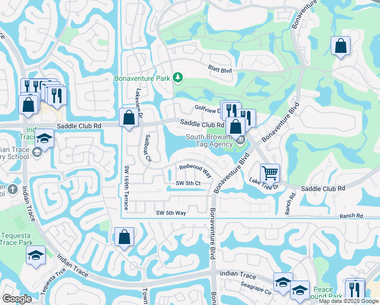 map of restaurants, bars, coffee shops, grocery stores, and more near 16740 Waters Edge Drive in Weston