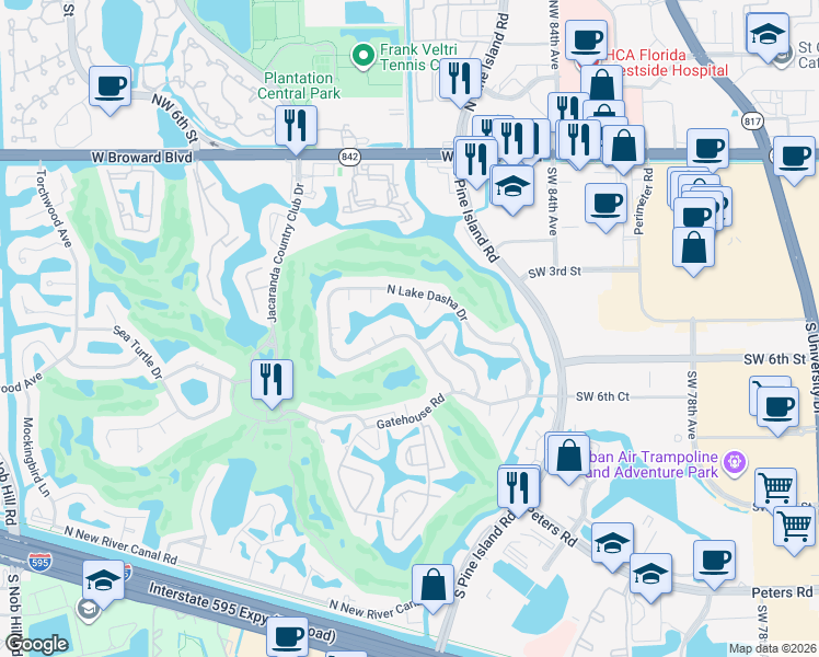 map of restaurants, bars, coffee shops, grocery stores, and more near 8811 South Lake Dasha Drive in Plantation