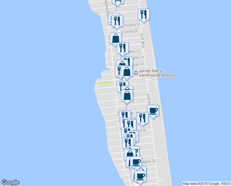 map of restaurants, bars, coffee shops, grocery stores, and more near 4201 Laguna Boulevard in South Padre Island