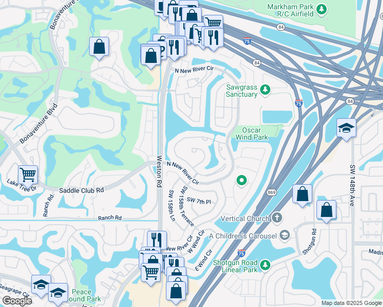 map of restaurants, bars, coffee shops, grocery stores, and more near 583 Lakeside Circle in Sunrise