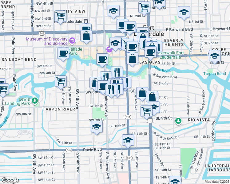 map of restaurants, bars, coffee shops, grocery stores, and more near 201 Southeast 3rd Avenue in Fort Lauderdale