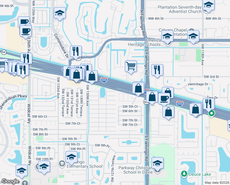 map of restaurants, bars, coffee shops, grocery stores, and more near 12617 Southwest 4th Court in Davie