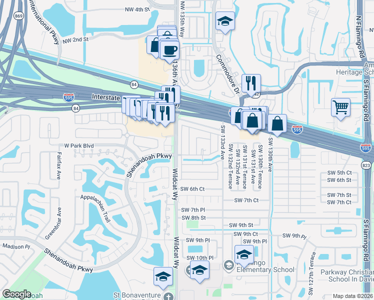 map of restaurants, bars, coffee shops, grocery stores, and more near 430 Southwest 135th Terrace in Davie
