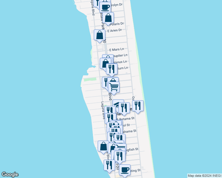 map of restaurants, bars, coffee shops, grocery stores, and more near 4201 Laguna Boulevard in South Padre Island