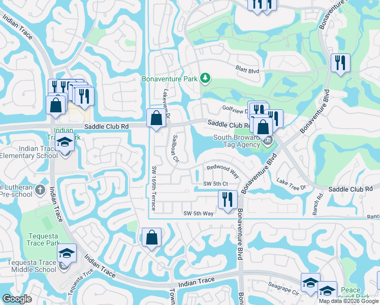 map of restaurants, bars, coffee shops, grocery stores, and more near 16790 Lakeview Court in Weston