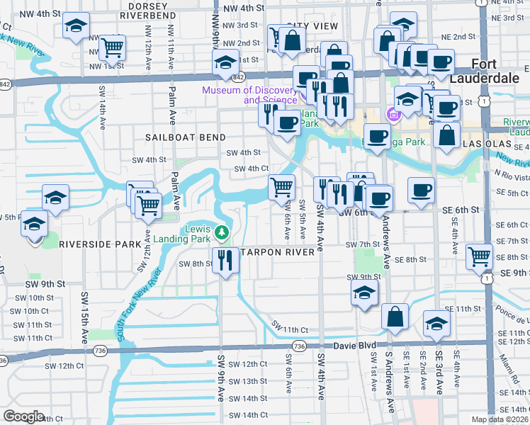map of restaurants, bars, coffee shops, grocery stores, and more near 519 Southwest 7th Avenue in Fort Lauderdale