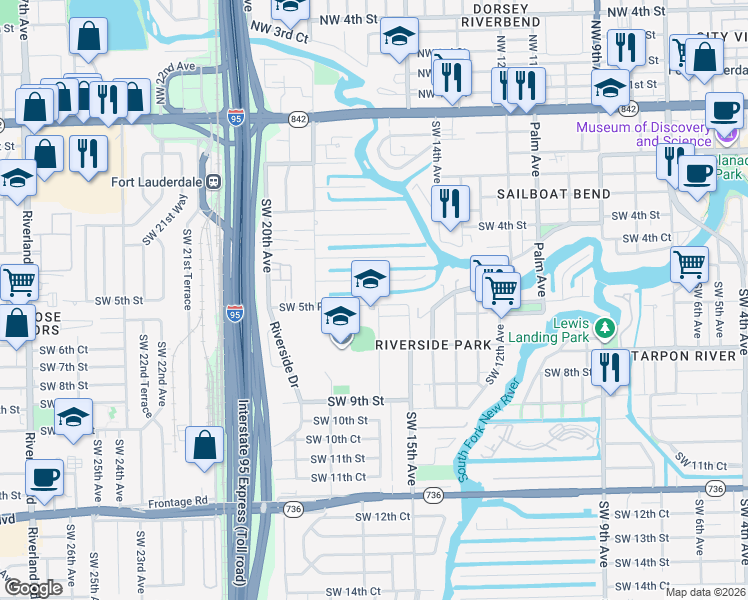map of restaurants, bars, coffee shops, grocery stores, and more near 1601 Southwest 5th Place in Fort Lauderdale