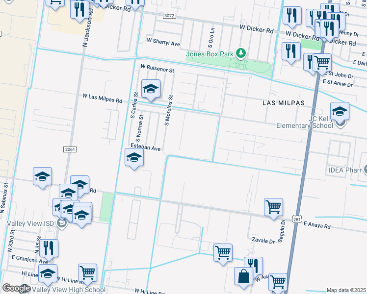 map of restaurants, bars, coffee shops, grocery stores, and more near 8601 Las Palmas Drive in Pharr