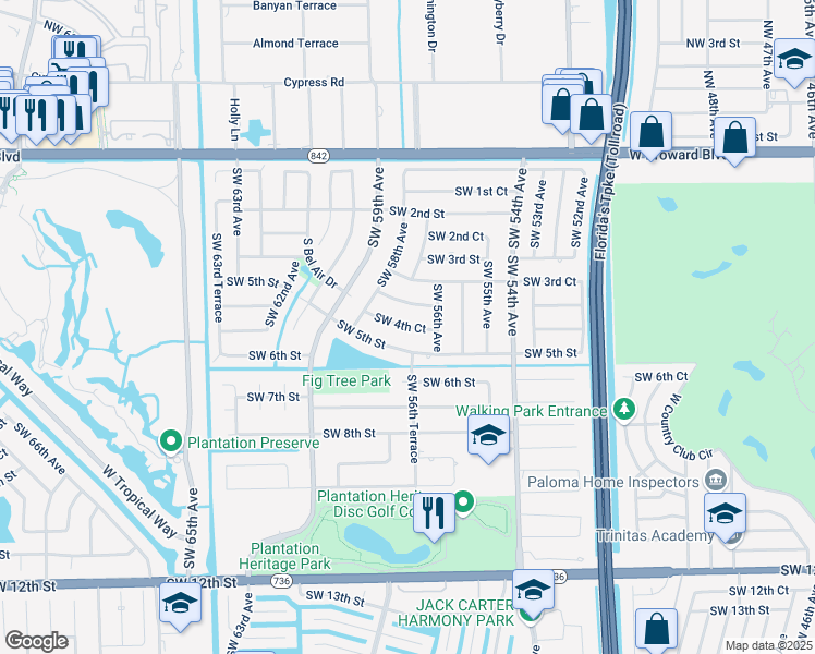 map of restaurants, bars, coffee shops, grocery stores, and more near 5661 Southwest 4th Court in Plantation
