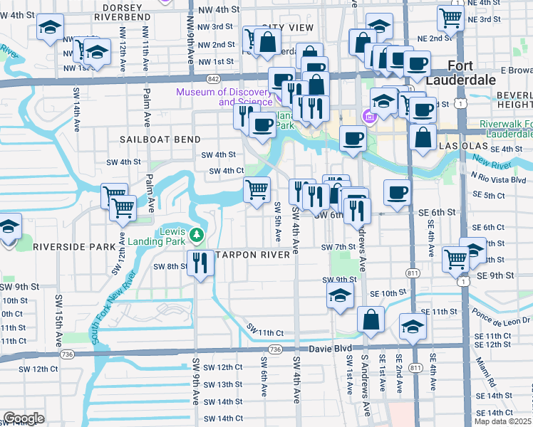 map of restaurants, bars, coffee shops, grocery stores, and more near 525 Southwest 6th Avenue in Fort Lauderdale