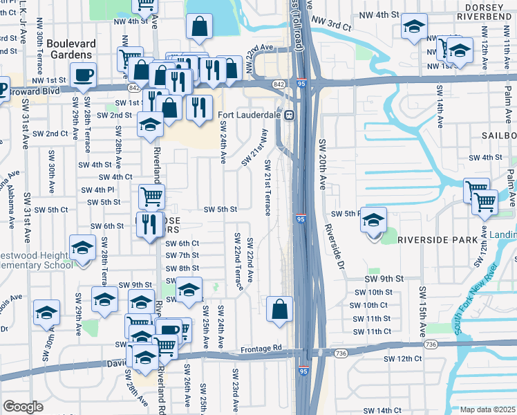 map of restaurants, bars, coffee shops, grocery stores, and more near 446 Southwest 22nd Avenue in Fort Lauderdale
