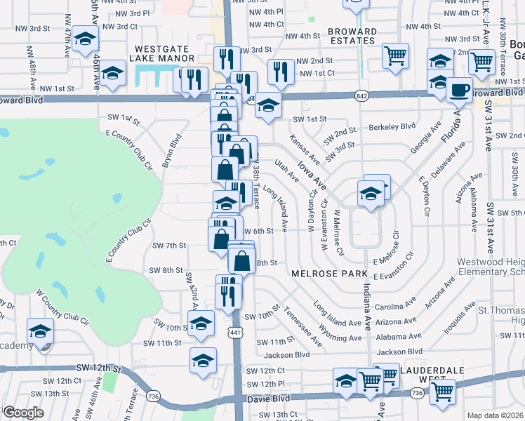 map of restaurants, bars, coffee shops, grocery stores, and more near 501 Southwest 38th Terrace in Fort Lauderdale