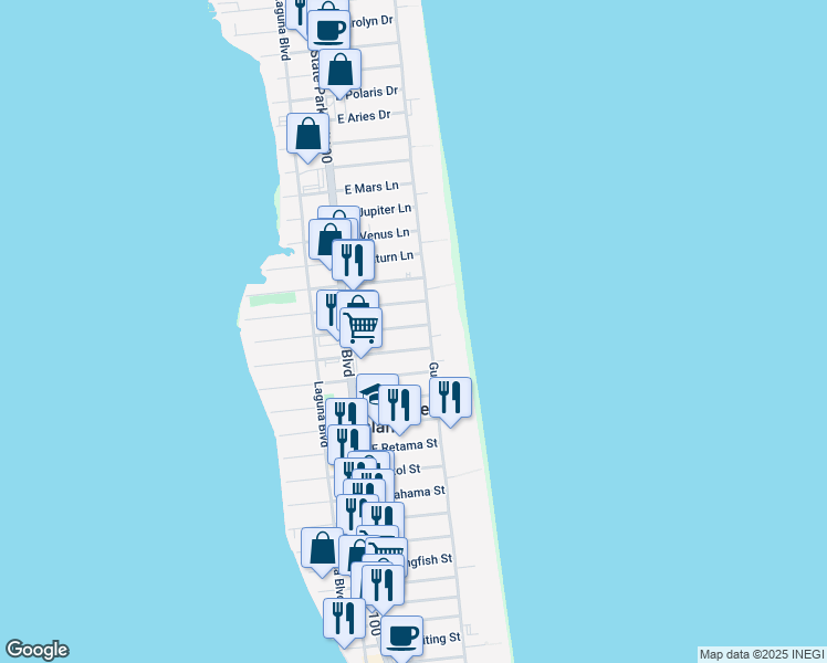 map of restaurants, bars, coffee shops, grocery stores, and more near 127 East Gardenia Street in South Padre Island