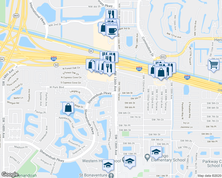 map of restaurants, bars, coffee shops, grocery stores, and more near 409 Southwest 136th Avenue in Davie