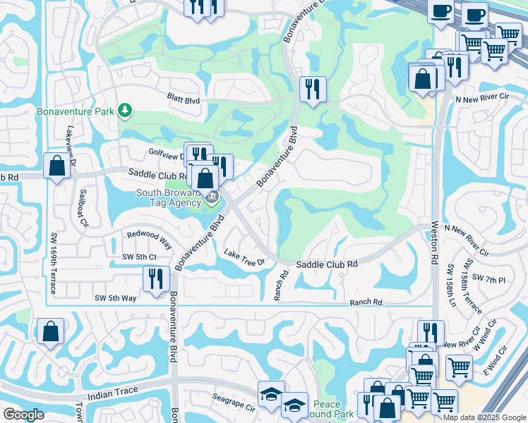 map of restaurants, bars, coffee shops, grocery stores, and more near 16796 Patio Village Lane in Weston