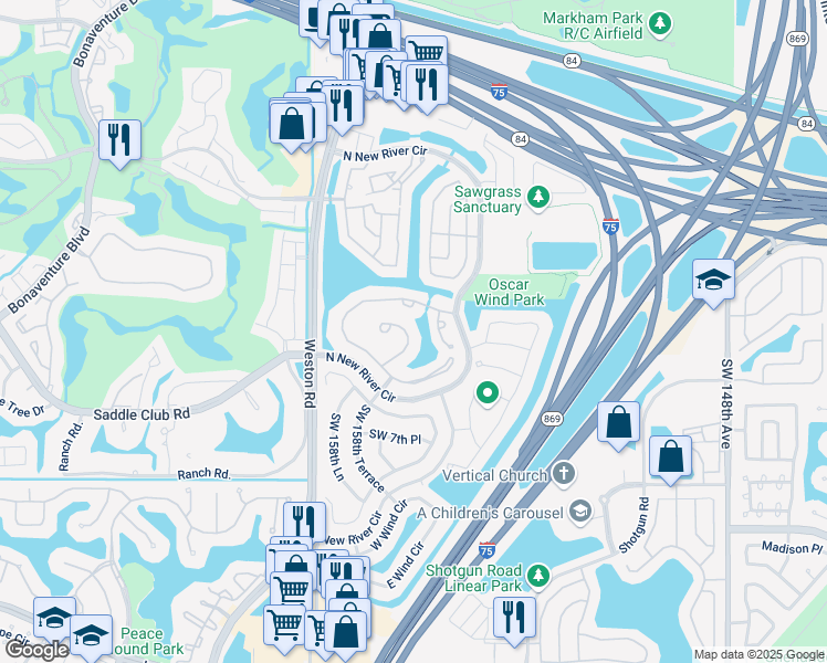 map of restaurants, bars, coffee shops, grocery stores, and more near 450 Lakeside Circle in Sunrise