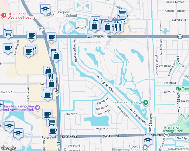 map of restaurants, bars, coffee shops, grocery stores, and more near 491 West Tropical Way in Plantation