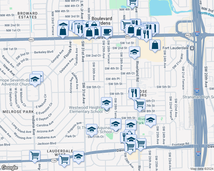map of restaurants, bars, coffee shops, grocery stores, and more near 2846 Southwest 5th Street in Fort Lauderdale