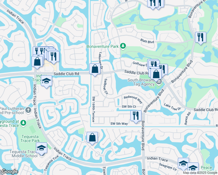 map of restaurants, bars, coffee shops, grocery stores, and more near 421 Sailboat Circle in Weston