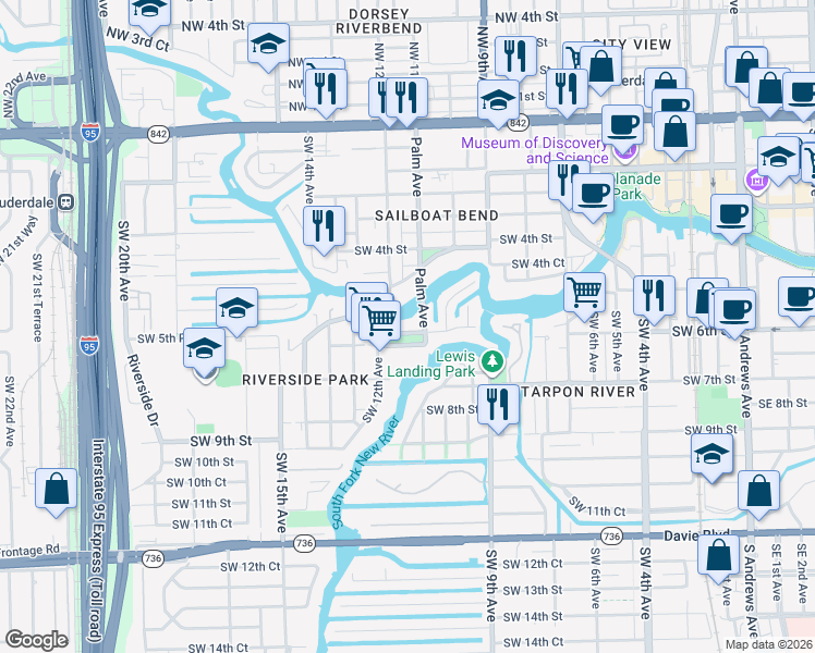 map of restaurants, bars, coffee shops, grocery stores, and more near 1127 Southwest 5th Place in Fort Lauderdale