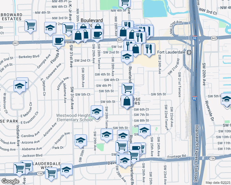 map of restaurants, bars, coffee shops, grocery stores, and more near 480 Southwest 28th Avenue in Fort Lauderdale