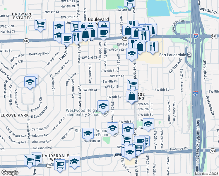 map of restaurants, bars, coffee shops, grocery stores, and more near 2820 Southwest 5th Street in Fort Lauderdale