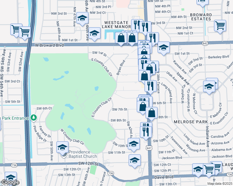 map of restaurants, bars, coffee shops, grocery stores, and more near 206 East Country Club Circle in Plantation