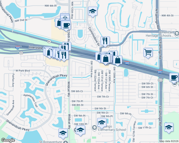 map of restaurants, bars, coffee shops, grocery stores, and more near 420 Southwest 133rd Terrace in Davie