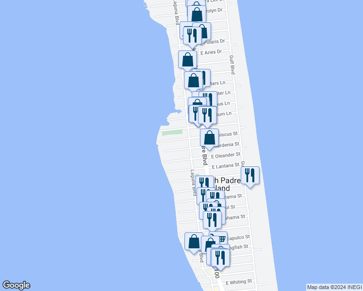 map of restaurants, bars, coffee shops, grocery stores, and more near 211 West Hibiscus Street in South Padre Island