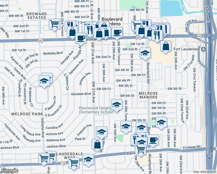 map of restaurants, bars, coffee shops, grocery stores, and more near 2931 Southwest 5th Court in Fort Lauderdale