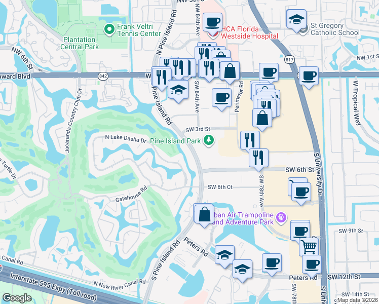 map of restaurants, bars, coffee shops, grocery stores, and more near 455 South Pine Island Road in Plantation