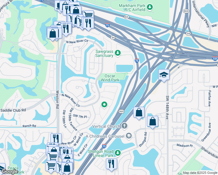 map of restaurants, bars, coffee shops, grocery stores, and more near 523 Woodgate Circle in Sunrise