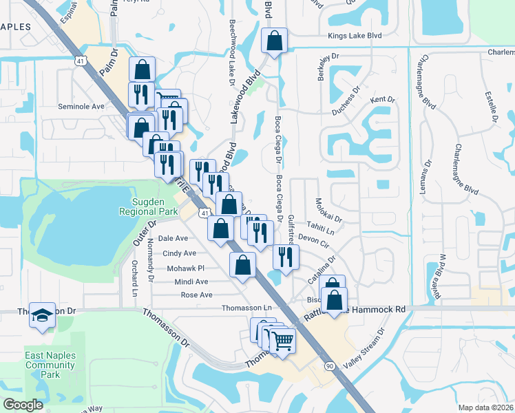 map of restaurants, bars, coffee shops, grocery stores, and more near 3625 Boca Ciega Drive in Naples