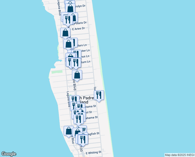 map of restaurants, bars, coffee shops, grocery stores, and more near 4100 Gulf Boulevard in South Padre Island