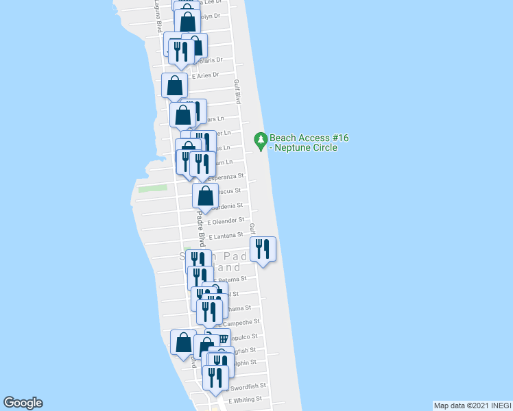 map of restaurants, bars, coffee shops, grocery stores, and more near 4100 Gulf Boulevard in South Padre Island