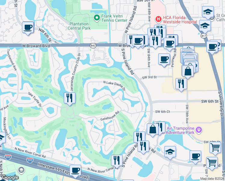 map of restaurants, bars, coffee shops, grocery stores, and more near 8811 South Lake Dasha Drive in Plantation
