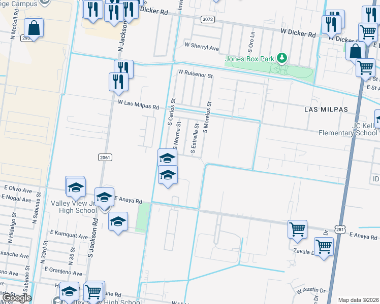 map of restaurants, bars, coffee shops, grocery stores, and more near 8604 South Estrella Street in Pharr