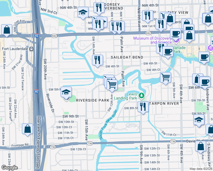 map of restaurants, bars, coffee shops, grocery stores, and more near 530 Southwest 13th Avenue in Fort Lauderdale