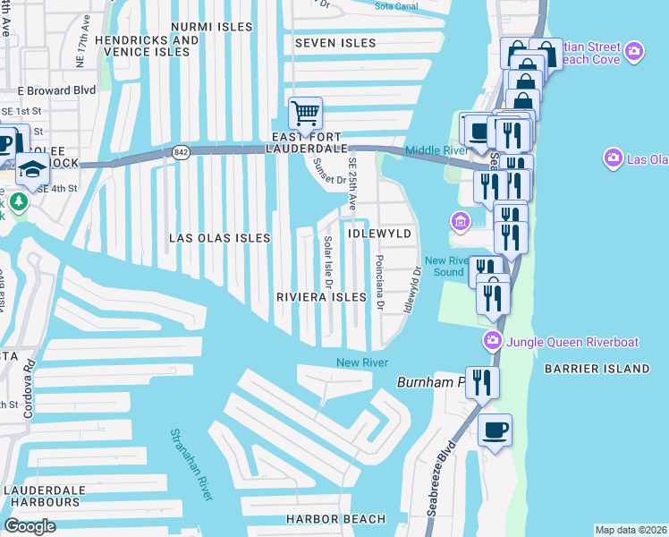 map of restaurants, bars, coffee shops, grocery stores, and more near 620 Solar Isle Drive in Fort Lauderdale