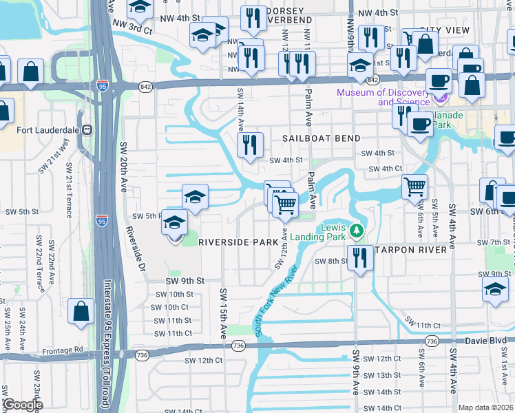 map of restaurants, bars, coffee shops, grocery stores, and more near 543 Southwest 14th Avenue in Fort Lauderdale